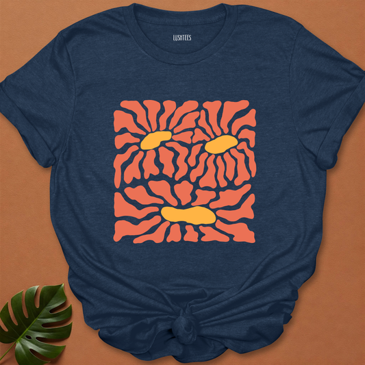 Burnt Coral Daisies – Abstract Sunrise Bloom Tee